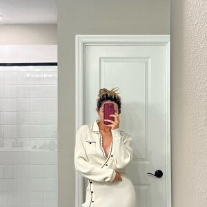 Self-Portrait Contrast Stitch Ribbed Knit Dress Ivory White Size L